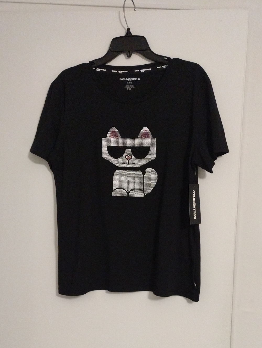 Karl Lagerfeld Black T-Shirt with Silver Rhinestone Cat